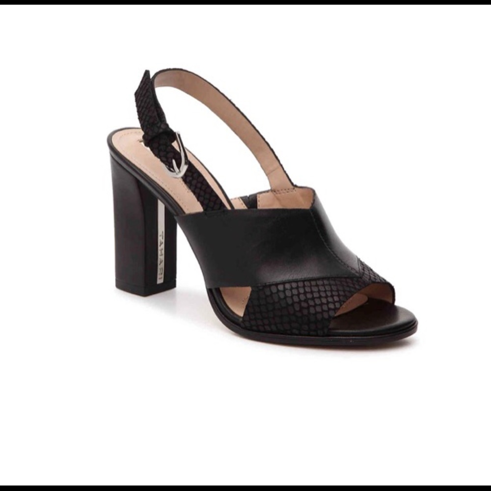 Black leather open toe sling back